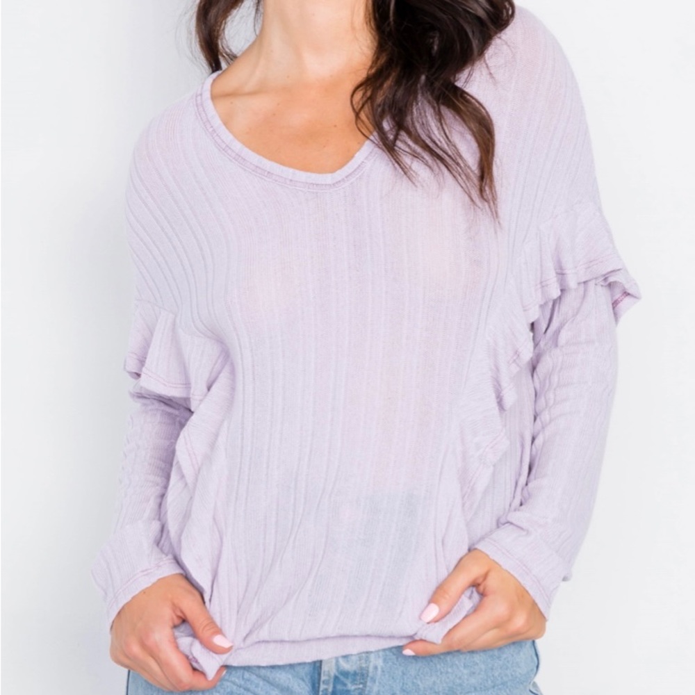 Lavender Relaxed Fit Ribbed Knit Long Sleeve Top